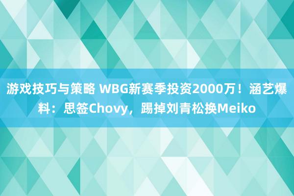 游戏技巧与策略 WBG新赛季投资2000万！涵艺爆料：思签Chovy，踢掉刘青松换Meiko